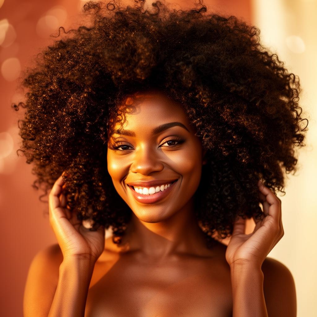 Mulher com cabelo afro natural sorrindo